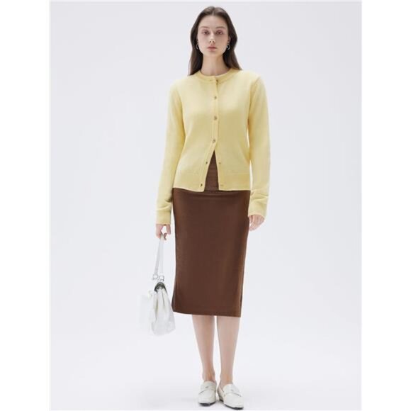 Women Chunky Cashmere Cardigan Sweaters Trendy Light Yellow - Picture 4 of 5